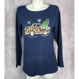 The Quacker Factory Christmas Truck Tree Rhinestone Long Sleeve‎ Top XS Waffle